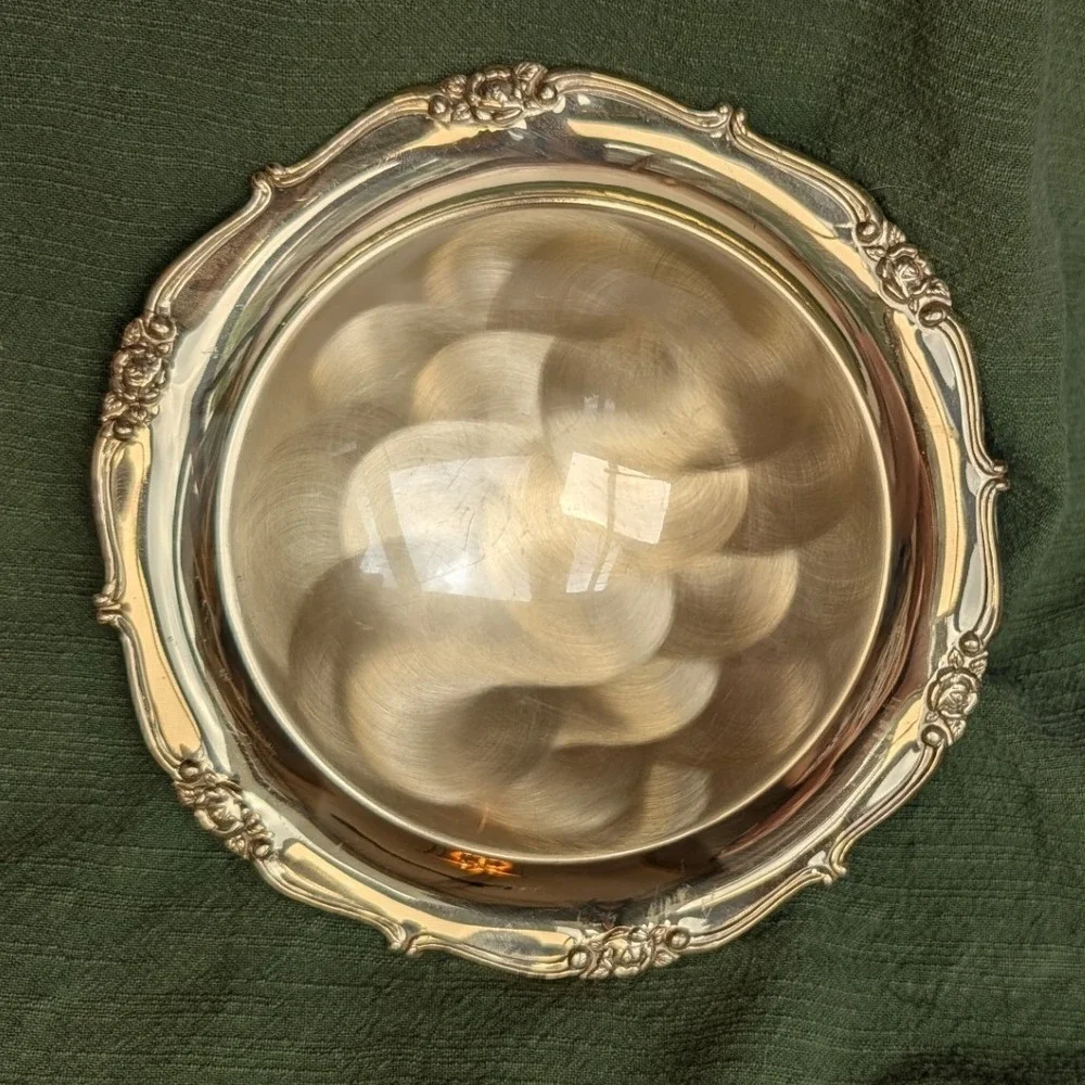 Good‎ Art Contempo Brass Footed Bowl Rose Floral Border Made in Japan VTG